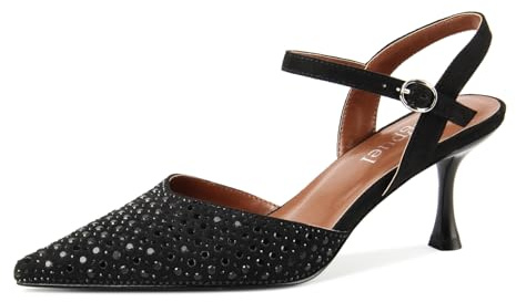 Migpuel Rhinestone Kitten Heels for Women Closed Pointed Toe Stiletto Heels Ankle Strap Buckle Prom Party Wedding Office Work Elegant Dress Pumps Shoes Black_Suede,7