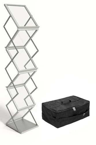 Aluanz Soporte para Folletos DIN A4 con Bolsa de Transporte - Soporte Plegable de Acrílico, Ideal como Porta Folletos, Expositor de Revistas, Soporte para Menús - 38x26x145 cm
