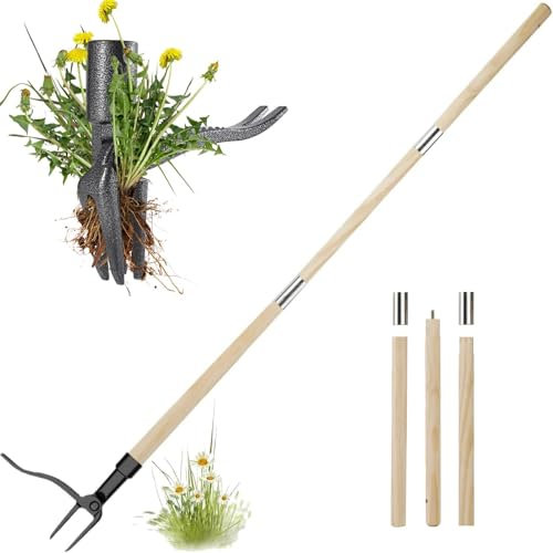 Kikura Weed Remover Tool, Weed Puller, Stand Up Weeding Tool, Detachable Long Handle Root Remover, Manual Dandelion Removal Tool, Root Puller, Picker, Grabber for Garden (Weed Puller+Wood Handle)