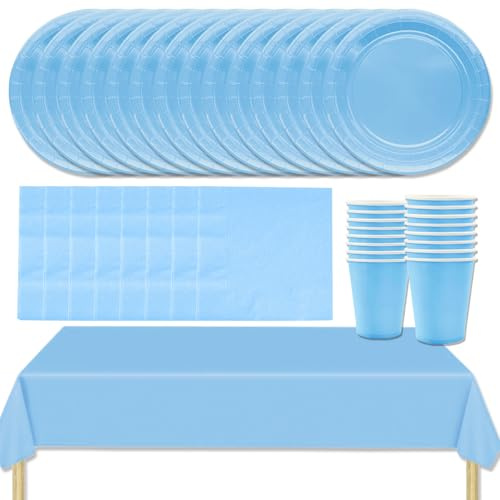 MOMAHUA Juego de vajilla para fiestas 53P, juego de vajilla azul claro con platos, mantel, servilletas, tazas, decoración de mesa de un solo color para cumpleaños, bodas, picnics, baby shower