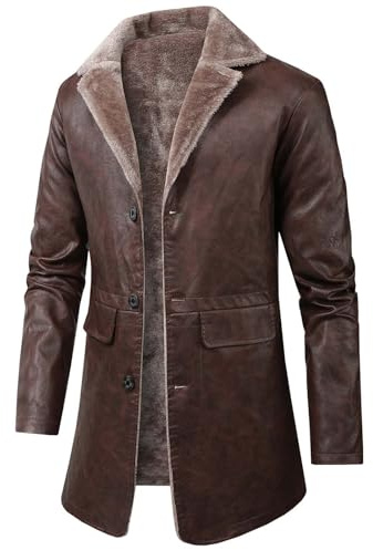 Darringls Manteau en cuir vintage pour homme avec col en fourrure Manteau court d'affaires Manteau long en cuir synthétique Manteau d'hiver en polyuréthane avec col en fourrure Trench épais Veste
