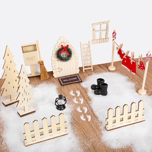 Kiiwah 15 Piezas Juego de Puerta Elfo Navidad, Reutilizable Casita Elfo Navidad de Puertas de Gnomo Puerta de Duendes Navideños Incluye Juego de Tendedero, Botas, Corona