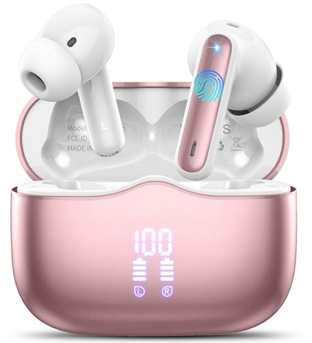 Cuffie Bluetooth, Auricolari Bluetooth 5.4 In Ear HD HiFi Stereo, 40 Ore Cuffie Wireless con 4 Mics ENC Cancellazione Rumore, Cuffiette Bluetooth IP7 Impermeabili, LED Display per iOS Android Oro Rosa