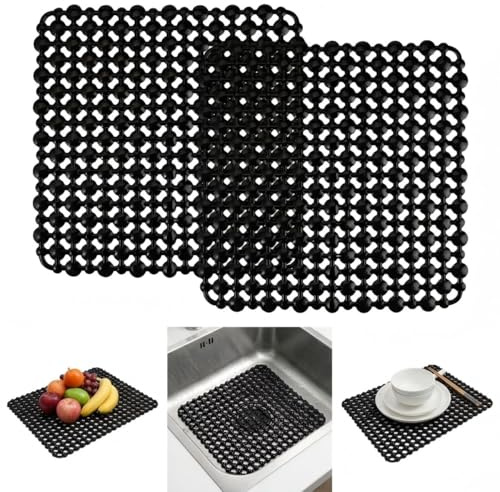 2 Pièces Tapis Evier Cuisine 28 X 28Cm Tapis D'Évier De Cuisine, Silicone Protection Evier Cuisines, Découpable Protege Evier Antidérapant pour Le Fond D'Évier De Cuisines, Couverts Et Verrerie, Noir
