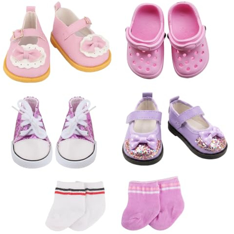 Lot de 4 paires de chaussures de poupée - 2 paires de chaussettes pour poupées de 35 à 45 cm - Accessoires de poupée - Chaussures en toile - Chaussures à paillettes - Chaussures roses avec nœud