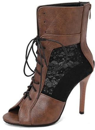 Genérico Mujeres Botines con Cordones Y Cremallera Trasera Punta Abierta Tacón Stiletto Encaje Floral Malla Zapatos Elegantes para Fiestas Y Eventos Formales