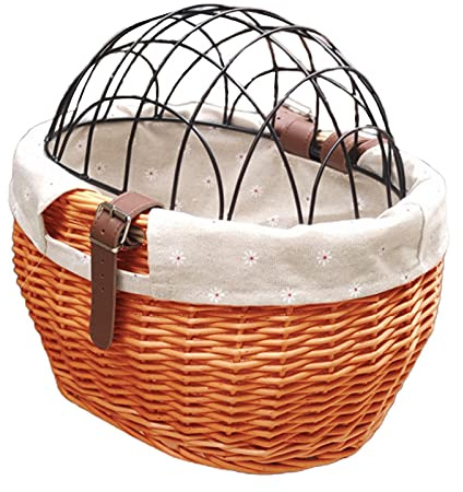 Hosuho Wicker Bike Basket for Small Dogs Cats Pet Carrier Front Basket with Wire Mesh Cover, 30*25cm