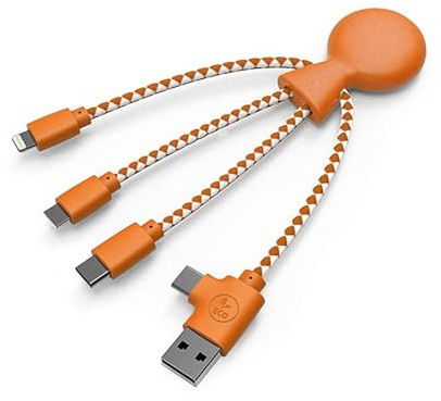Xoopar – Mr Bio – 4-i-1 multi-USB-kabel bläckfisk, orange, universalladdare med miljövänliga material, mikro-USB, USB, Lightning, universell USB-kontakt för smartphone