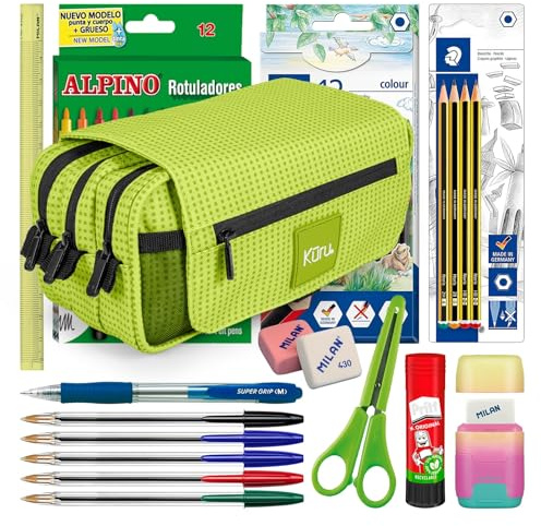 ColePack Kuru – set med trippel skolpärm med 3 dragkedjor och skolmaterial från toppmärkena ingår (lime)