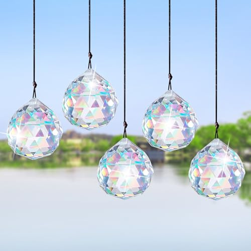 Lot de 5 Attrape-Soleil en Cristal, Arc-en-Ciel en Cristal, Boule de Cristal, décoration de Carillon à Vent, Multi-coloré, Prisme à Suspendre, Cristaux de Jardin à Suspendre