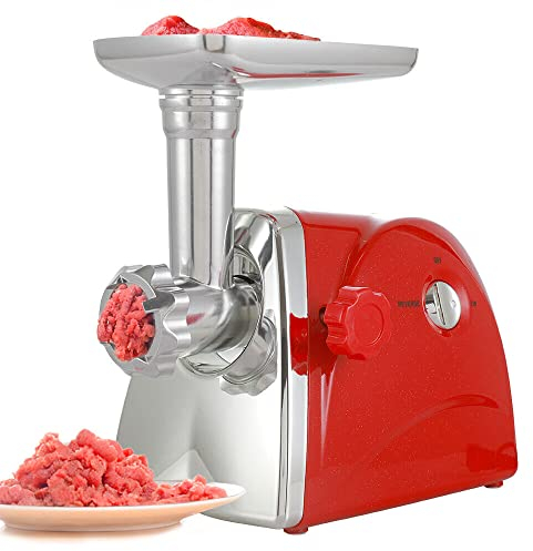 2800W Elektrischer Fleischwolf Wurstfüller Wurstmaschine Zerkleinerer Multi Küchenmaschine Mit 3 Mahlplatten Und Wursteinlauf (Rot)