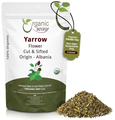Organic Way Yarrow Flower Cut & Sifted (Achillea millefolium) - Herbal Tea | European Wild-Harvest | Kosher & USDA Certified | Vegan, Non-GMO & Gluten Free | 100% Raw from Albania (1/4LBS / 4Oz.)
