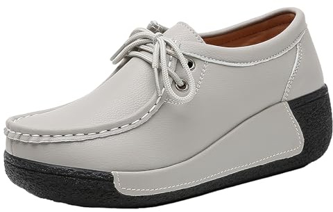 rismart Women's Platform Height Increasing Classic Leather Trainers Shoes Grey Leather,5