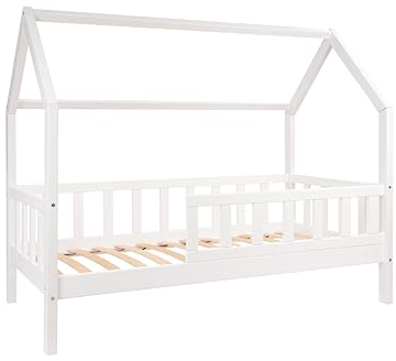 Alije Kinderbett Bett Hausbett mit Rausfallschutz 90x200 Weiß Julia Lattenrost Bettgestell aus Kiefer Holz für Haus Kinder Jungen & Mädchen - Holzbett Baby Kinderzimmer Junge Deko