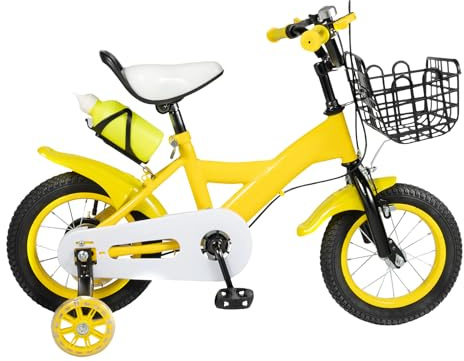 CLEADONG 12 Inch Kids Bike with Auxiliary Wheels Rear Shelf and Basket Bike, for Boys & Girls 2-4 Years Old Children's Bike, Yellow