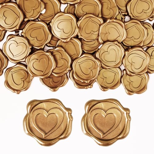 CoKeeSun 50 Piezas Sello de Cera Autoadhesivo Pegatinas, Sello Lacre Adhesivo Doradas en Forma de Corazón, Calcomanías Adhesivas Para Sello De Cera, para Invitaciones, Boda, Cumpleaños, Fiesta