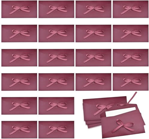 Cyiecw 25 Stück Schöne Briefumschläge, Kraftpapier Umschläge mit Schleife, Rote Perlglanzpapier Briefhülle für Handgefertigte Einladungen, Hochzeits- oder Valentinstag Festival-Karten