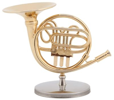 Jwthee Miniature French Horn with Stand and Case, Brass French Horn Christmas Ornament Mini Musical Instrument Replica Collectible Figurines for Home Office