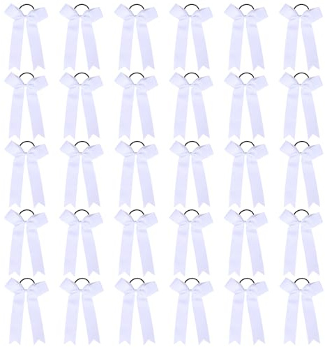 30 PCS College Style Cheer Bows Collegiate Long Tail Skinny Cheer Bow Elastic Hair Tie Bows for Teens Girls Softball Competition Sports Cheerleaders (White)