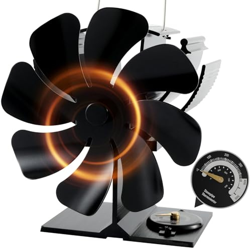 Tomersun Kaminventilator Ofenventilator Ohne Strom - 8 Flügel Wärmebetrieben Holzofenventilator mit Thermometer für Kamin, Holzofen, Multifuel Öfen - Leise & Umweltfreundlich
