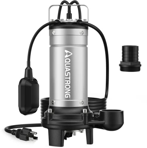 Aquastrong 1HP Sewage Grinder Pump, Stainless Steel, Automatic Float Switch, Submersible Effluent/Sump Pump for Sump Basin, Basement Residential Sewage, 2'' NPT Discharge 1HP 3962GPH with Grinder