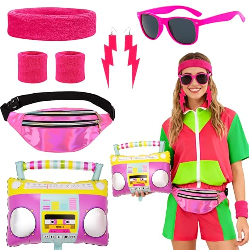 Okabay 80s Tracksuit Costume Outfits for Women，1980s Sport Fancy Dress Accessories Set Disco with Headband Wristbands, Retro for Halloween Carnival Party (Red & Green, XL)
