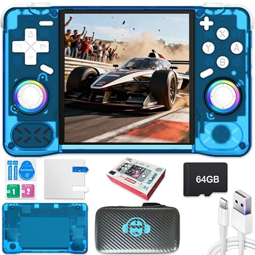 Nueva consola de juegos portátil XF40H, 64 GB de memoria interna con 18.000 juegos, batería de 4000 mAh, sistema Linux, pantalla IPS de 4 pulgadas y bolsa de almacenamiento (azul, 64G)