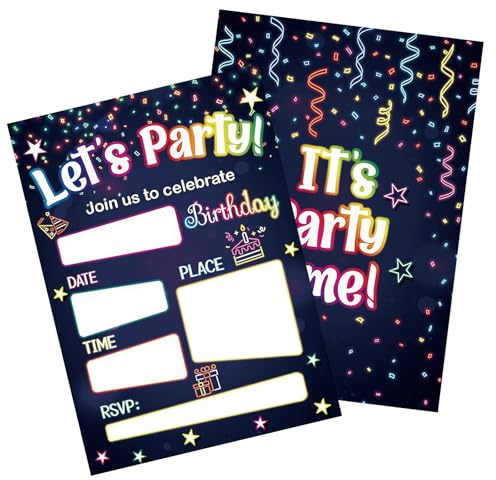 20Pcs Neon Invitation Cards, Fluorescent Theme Party Invitations, Birthday Invitation Cards for Children Boys Girls Birthday Celebrations Activities