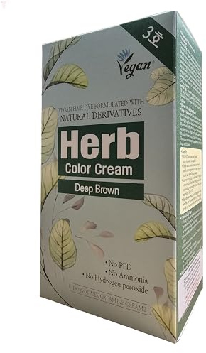 Herb Color Cream Deep Brown – PPD Free, Ammonia Free & Hydrogen Peroxide Free Hair Color, Vegan Hair Dye for Grey Coverage with Botanical Extracts, Korean Herbal Formula, Quick 20-Minute Color