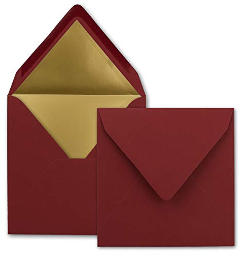 75 quadratische Brief-Umschläge - 15,5 x 15,5 cm, Dunkelrot (Rot) - mit Gold-Papier gefüttert - Nassklebung - FarbenFroh by GUSTAV NEUSER