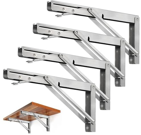 Storystore Folding Shelf Brackets - 16 Inch Heavy Duty Stainless Steel Collapsible Shelf Bracket for Bench Table, Space Saving DIY Bracket (4PCS)