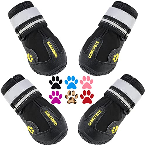 QUMY Stivali per cani Scarpe impermeabili per cani con cinghie riflettenti Suola antiscivolo robusta nera 4PCS (taglia 4: 2,6 x2,3 (L* W), Nero-b)