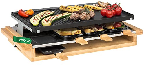 Klarstein Tournedo Raclette-grill, 1 200 watt, grillyta: 39,5 x 25,5 cm, stålplåt och trä, avtagbar grillplatta av aluminium, nonstick beläggning, steglös termostat, trädekor