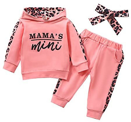 Verve Jelly Kleinkind Baby Jungen Mädchen Hoodie Outfits Brief Print Sweatshirt Tops Leopard Jogger Panst mit Kopfbedeckung 3-teiliges Herbst Winter Kleidungsset, rose, 86