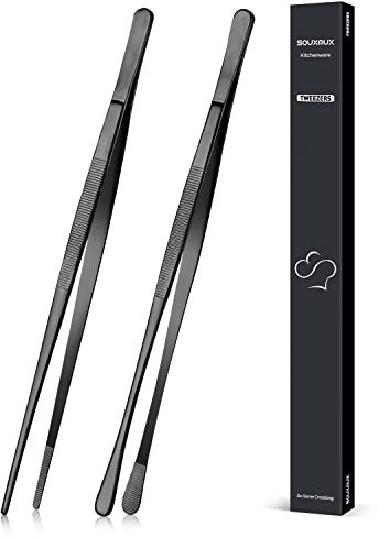 SouxMux 30,5 cm Kochpinzette, Zange, präzise gezahnte Spitzen, Edelstahl, Profi-Kochpinzette, Küchenutensilien zum Grillen, Anrichten und Servieren, Schwarz