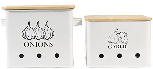 Xbopetda Onion Garlic Storage Box, Food Container Sets, Storage Canisters for Vegeatables, Set of 2 Jars Pots Containers, Garlic & Onion Bin with Aerating Tin Storage Holes & Wooden Lid
