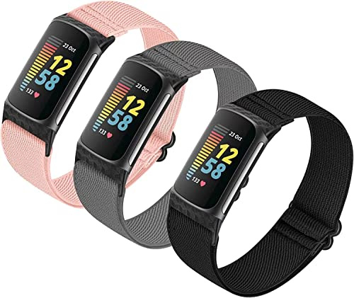 HUYIIO 3-pack justerbara elastiska klockarmband kompatibla med Charge 5/Charge 6 remmar, mjukt andningsbart sportband i nylon stretchigt ersättningsarmband för kvinnor män