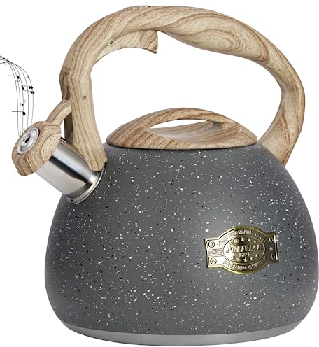 Poliviar Moderne Wasserkessel Induktion Pfeifkessel aus Edelstahl, Teekessel für alle Kochplatten, Flötenkessel mit Holzgriff (Stein-M)