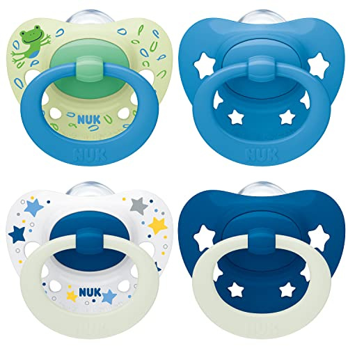 NUK Signature Day & Night chupete | 18-36 meses | Calma al 95 % de los bebés | Chupetes de silicona sin BPA en forma de corazón | Brilla en la oscuridad | Estrellas | 4 unidades