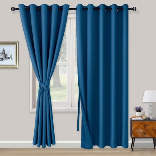 XWZO Blackout Curtains Shades Window Curtain Panels with Tiebacks- Noise Reduction and Thermal Insulated Eyelet Curtains for Bedroom,Living Room,Office,Study Room Blue W66xL90