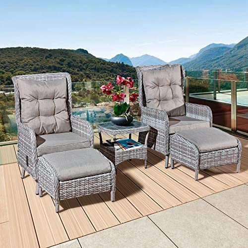 Aweather Deluxe Rattan Recliner Chairs with Footstools & Coffee Table, Aluminum Frame, 5pcs Grey Rattan Garden Furniture Set,Outdoor Patio Lounge Adjustable Position Height Armchairs