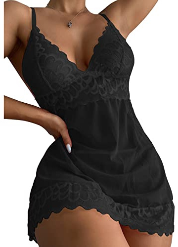 BKEPDY Pigiama Sexydonna Sottoveste con Spalline Regolabili Babydoll Pizzo Floreale Elegante Abbigliamento Notte Trasparente Hot Vestito Notte Comfort Morbido