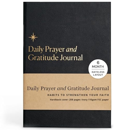 Christian Journal Co Daglig bön & tacksamhetsdagbok - 6 månader | Svart läderdagsplanerare för bibelfrågor och bönförfrågningar | Positivitetsbok för studier och bön | Religiös gåva