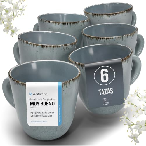 Kaffekoppar uppsättning med 6 Rustic – premium stengodskoppar, diskmaskinssäkra – modernt te- och kaffekoppsset – Pure Living kaffeservis i rökblått