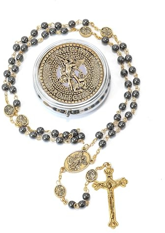 Nazareth Store Hematite Black Stone Beads St. Michael the Archangel Rosary Necklace Antique Gift Box for Men and Women