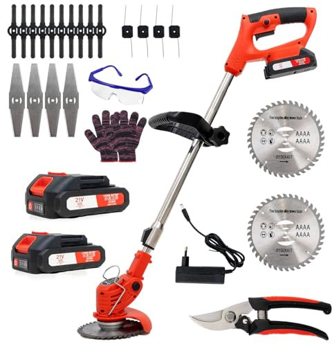 Electric Grass Trimmer, Lawn Mower, Trimmer 90° rotating head, Retractable Electric Garden String Trimmer, 2 * 21V batteries, 4 accessories, suitable for trimming outdoor lawns and shrubs