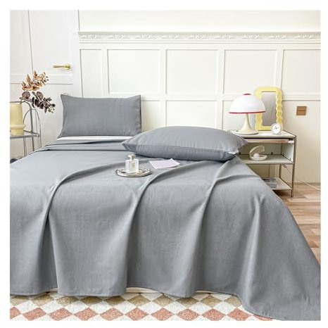 CZADMXP Bettlaken Betttuch Ohne Gummizug, Baumwoll Leinen Bett Laken Mit 2 Kissenbezug, Abwaschbar Ademend Haustuch Für Schlafzimmer (Grau,230x240cm)
