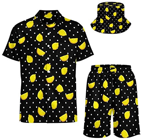AsqLdQM Ensemble de 2 chemises et shorts hawaïens ensoleillés pour homme avec chapeau cloche, Pois citron, XS