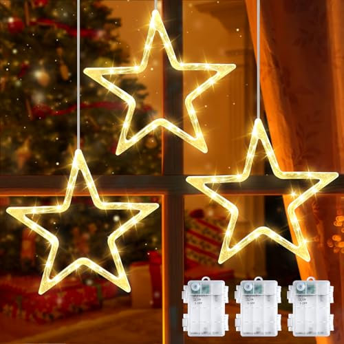 Bzavor 30CM LED Weihnachtsbeleuchtung Fenster 3 Stück Weihnachtsdeko Fenster Beleuchtet,IP65 Weihnachtsstern Fenster,Weihnachtsstern Beleuchtet,Weihnachtsdeko Innen,Weihnachtsbeleuchtung Innen Fenster