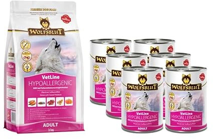arelf Bundle für Wolfsblut VetLine Hypoallergenic | 6X 395g & 1x 2kg Pferd m. Süßkartoffeln | Bei Futtermittelallergien und -unverträglichkeiten | Nass- & Trockenfutter
